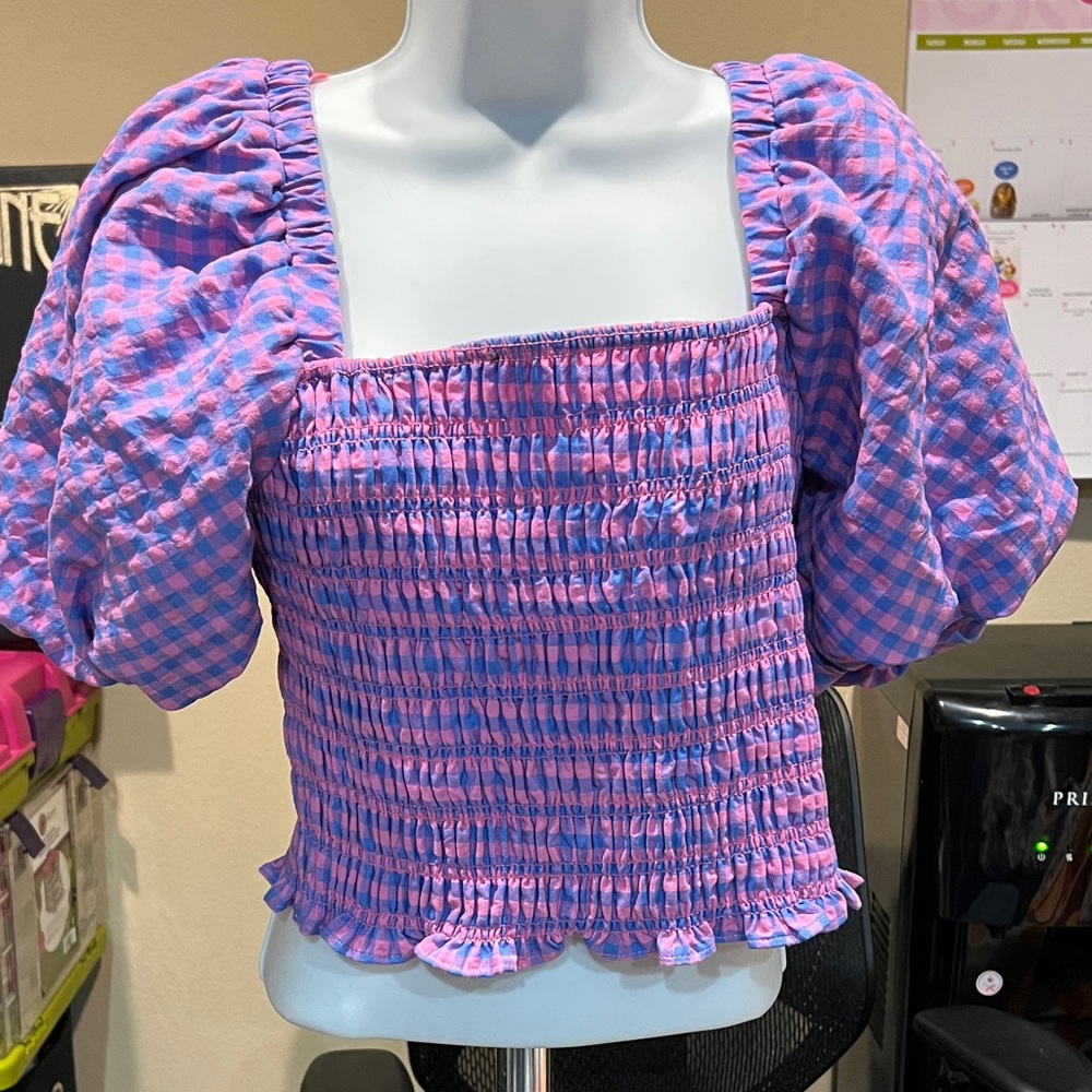 Endless Rose Pink and Blue Checkered Smocked Blouse